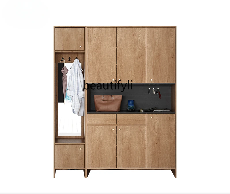 Nordic Solid Wood Shoe Cabinet Home Doorway Large Capacity Coat and Cap Locker Living Room Wall Storage Cabinet to the Top