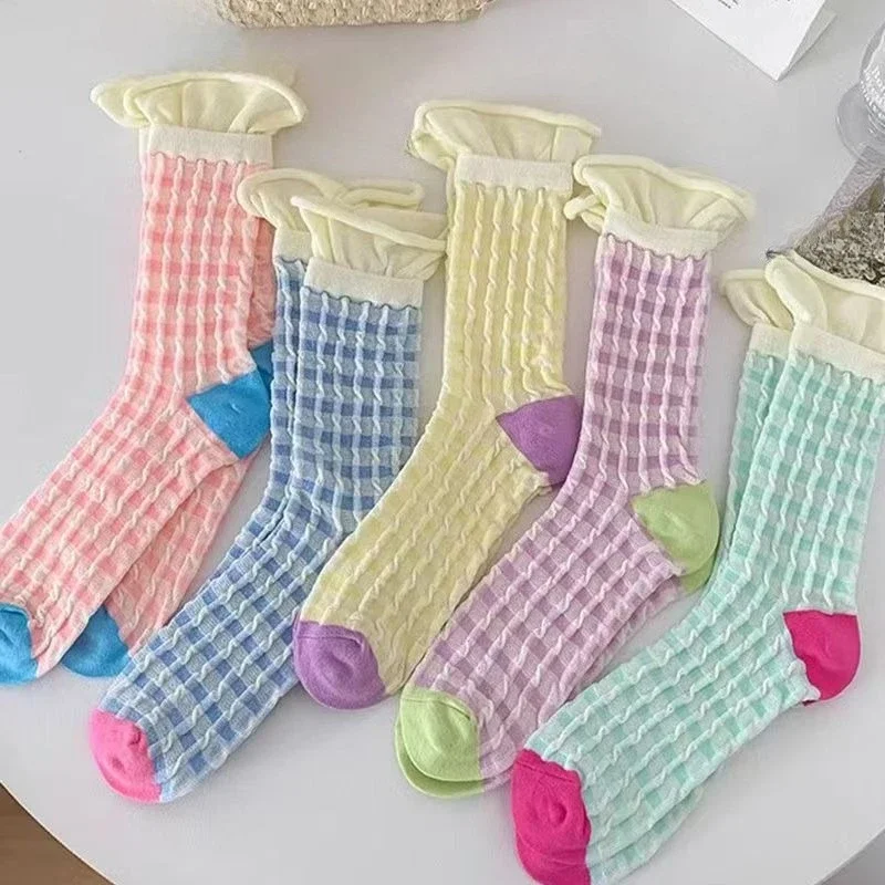 5 Paar farbige Dopamine-Damensocken in mittlerer Länge für Frühling und Herbst, Bonbonfarben, doppellagig, mit gestapeltem Gittermuster und Blasenmuster, lange Socken