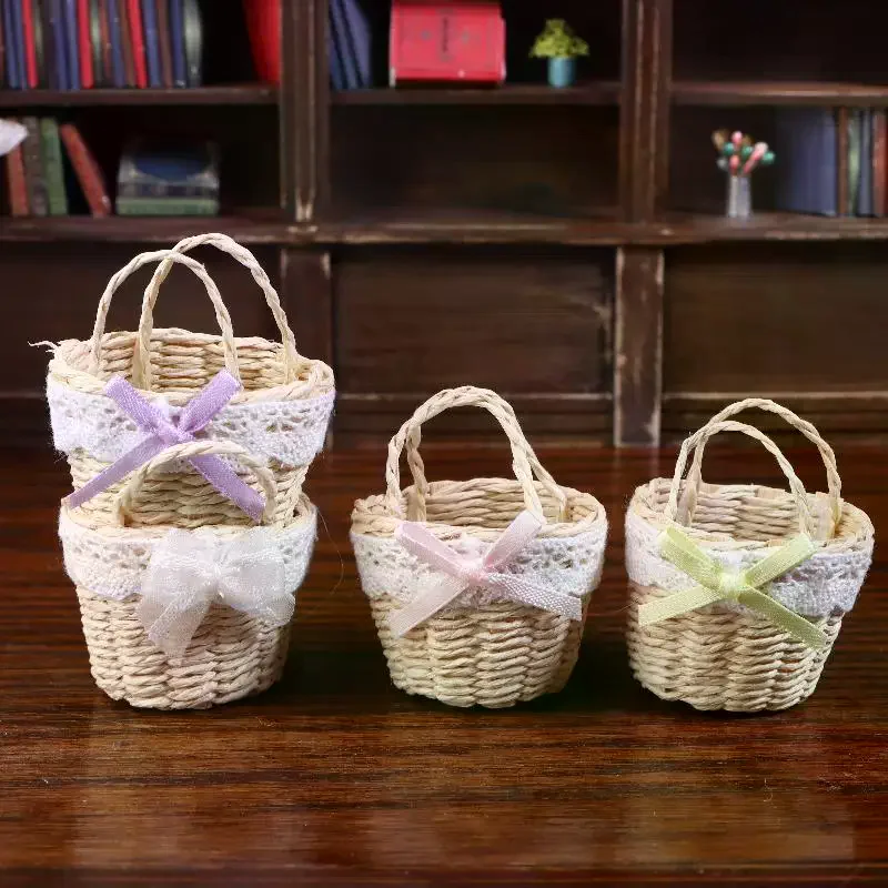 Dollhouse Kitchen Accessories Dolls House Decoration Toy Pretend Play Toys 1/12 Dollhouse Cute Mini Rattan Hand Basket Model