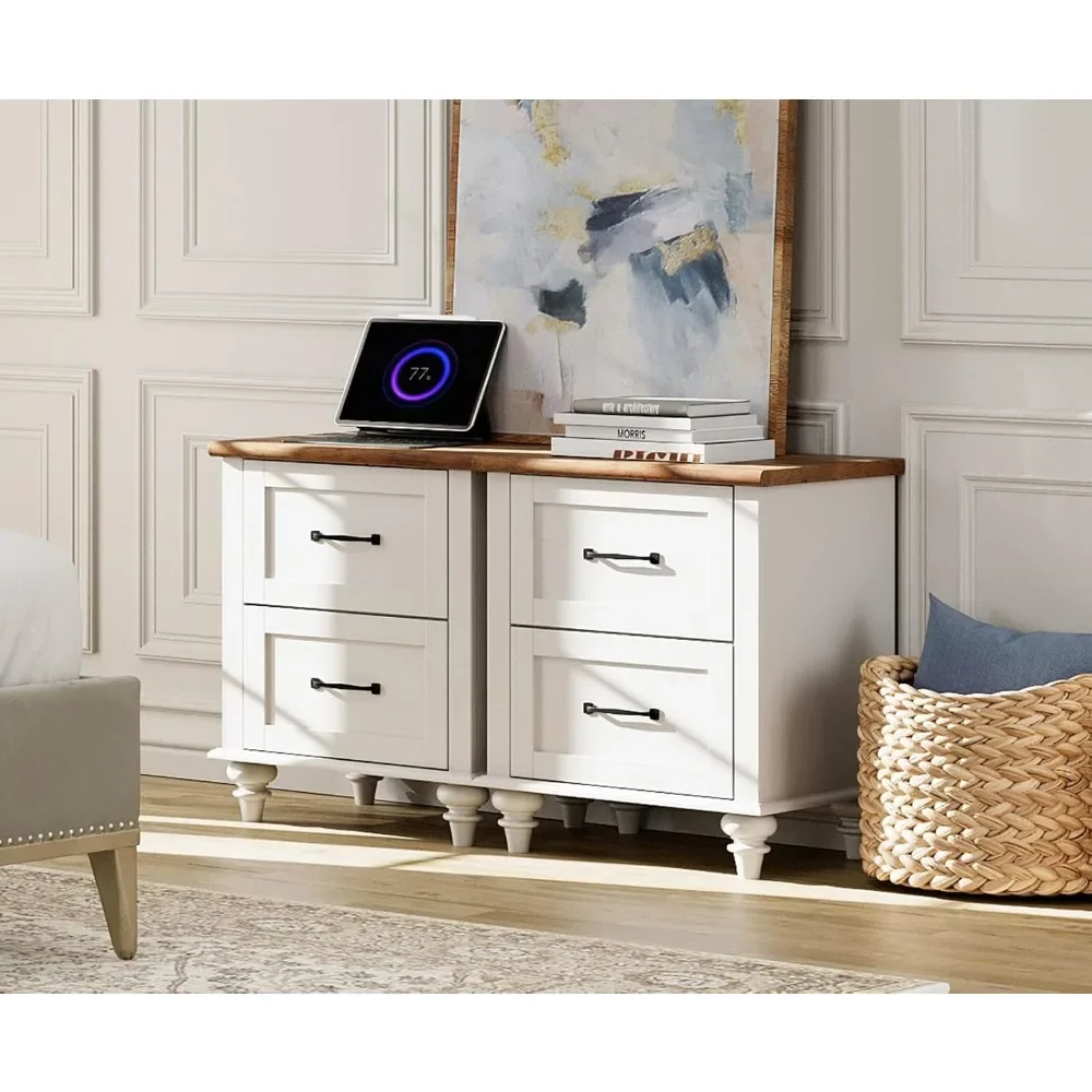 modern,Off White End Table with Charging Station, Set of 2 Nightstands with Drawers, Mid Century Side Table