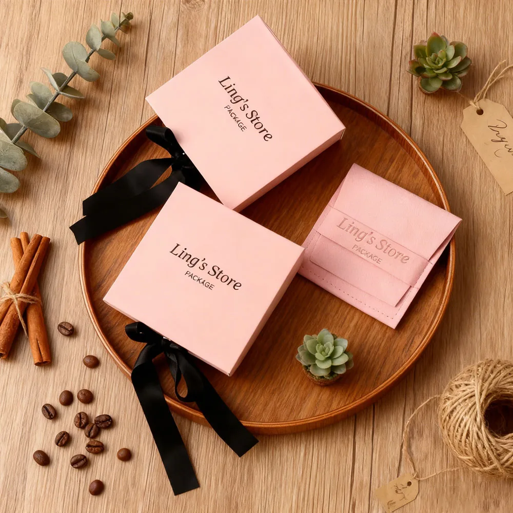 

24/50/100Sets 9x9x3cm Pink Jewelry Flap Ribbon Gift Box Inside with 8x8cm Microfiber Velvet Strip Bags For Earrings Pendant Sack