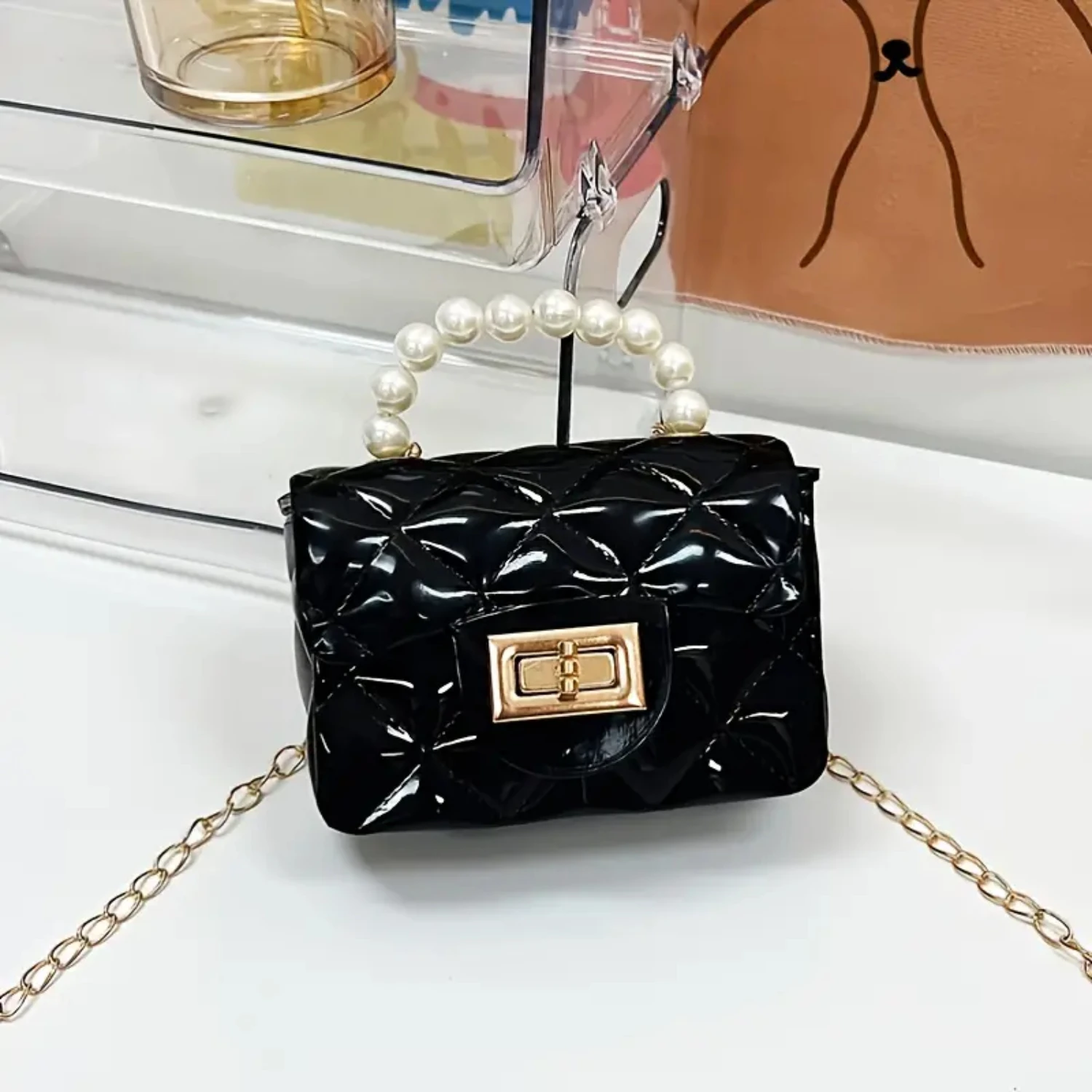 Mini-Umhängetasche für Damen mit Perlenkette, süße Handtasche