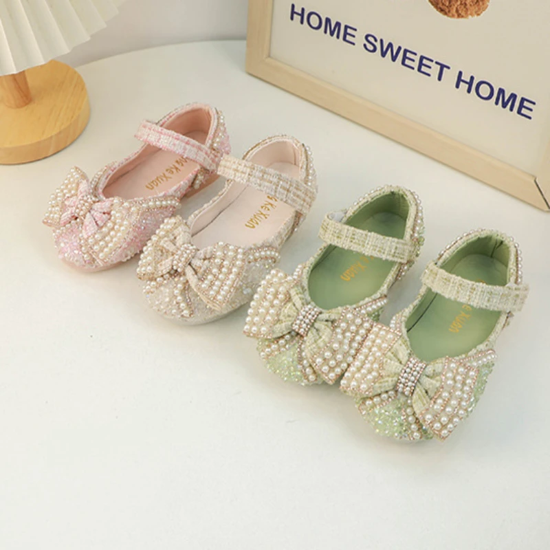 

Children's Leather Shoes Sweet Pearl Bowknot Princess Shoes for Girls Fashion Spring Autumn Shallow Kids Chic Mary Jane Shoes