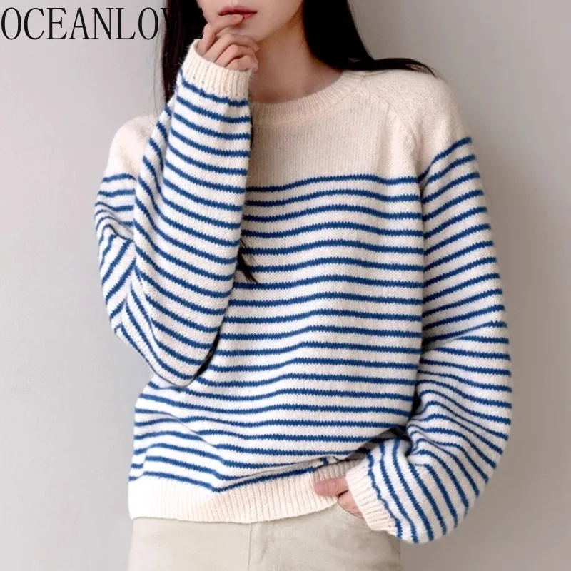 

OCEANLOVE Stripes Women Sweaters Korean Fashion Chic Autumn Winter O Neck Pullovers Simple Vintage Contrast Color Pull Femme