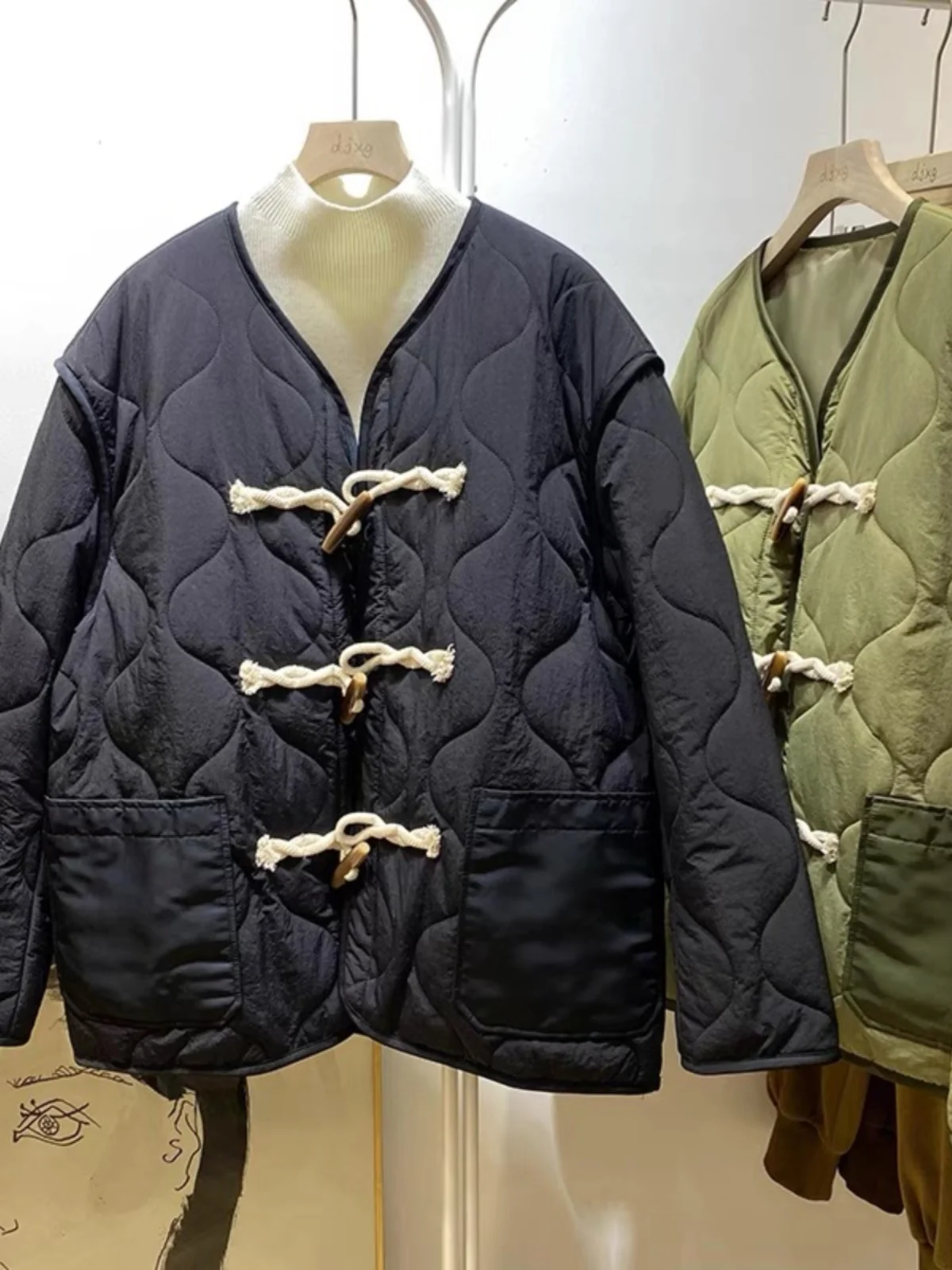 

Design Sensation Off-Season Cotton Jaet Women's Loose ort Coat with Button Insertion Korean Sle V-ne Long Sve Coat