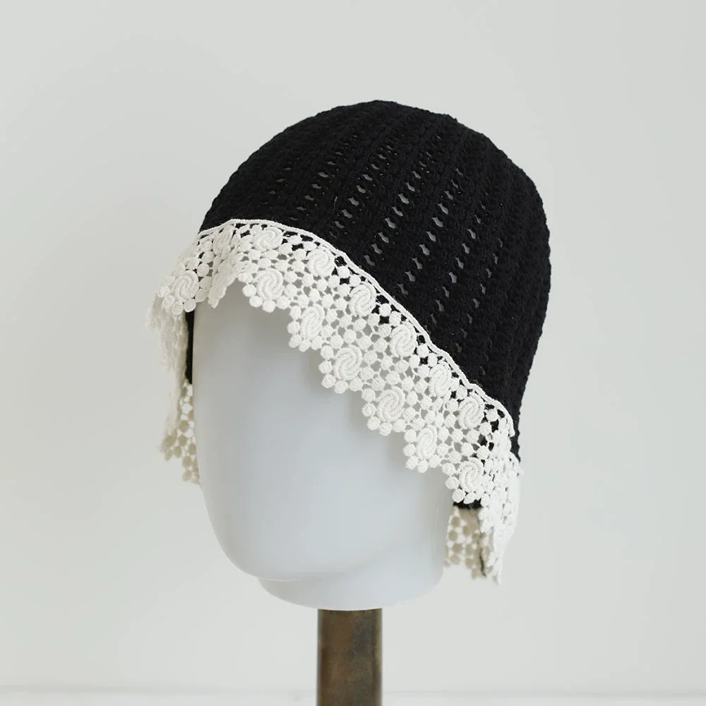 Lace Spliced Solid Color Knitted Beanie for Women Hollow Out Knit Pullover Hat for Spring & Summer  Yarn Skull Cap