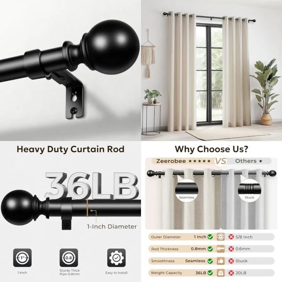 

Curtain Rods for Windows 120 to 240, 1 Inch Adjustable Heavy Duty Curtain Rod, Outdoor Indoor Room Divider Modern Drapery Pole,