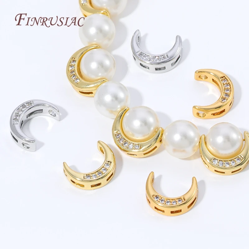 Cuentas espaciadoras de luna plateadas en oro de 18K, cuentas de luna creciente con incrustaciones de circonita cúbica para la fabricación de joyas DIY, collares de perlas y pulseras.
