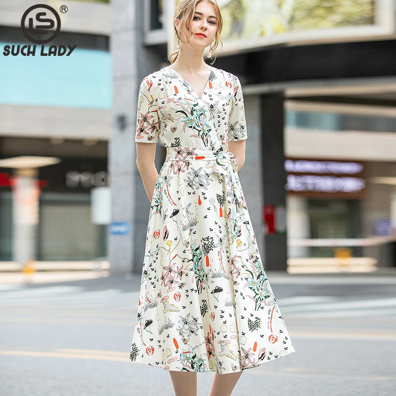 

Women's Runway Dresses Sexy V Neck Short Sleeves Printed Lace Up Belt Fashion Casual Designer Dress Vestidos