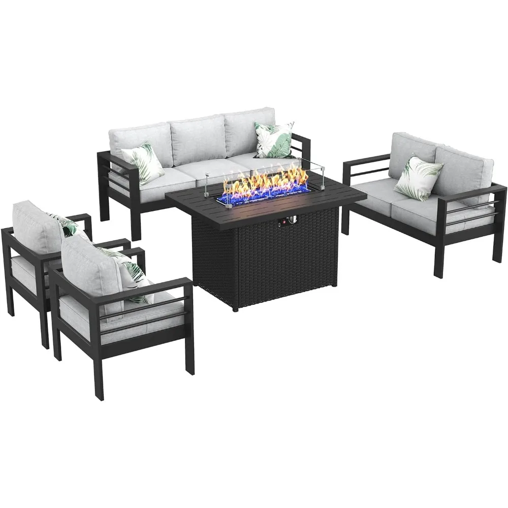 Aluminum Furniture Set with Fire Pit Table, 5 Pieces Patio Sectional Conversation Chat Sofa Modern Seating Set