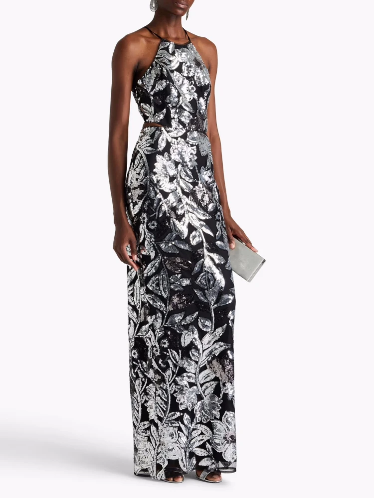 

Sexy Halter Neck Sequin Embellished Flower Long Dress Women Sleeveless Backless Floral Slim Dresses Party Evening Formal Gowns