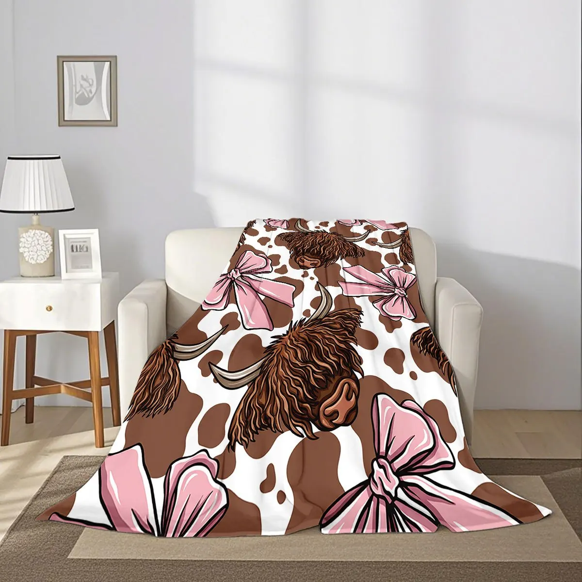 Pink Bow Highland Cow Milk Cow Print Flannel Home Throw Blanket