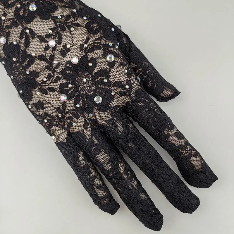 Halloween Retro Makeup Party Accessories Women 45CM Long Thin Elastic Mesh Flower Shiny Rhinestone Sexy Black Hollow Lace Gloves