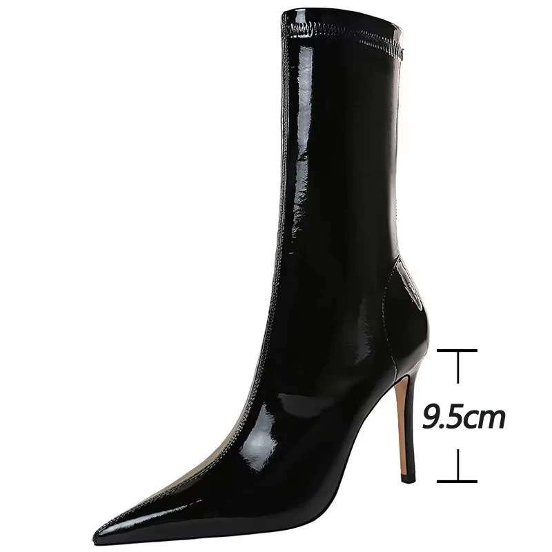 BIGTREE Shoes Patent Leather Mid-Calf Boots Women Sexy High-heel Boots Stiletto Women Elastic Leather Boots Autumn Winter Boots