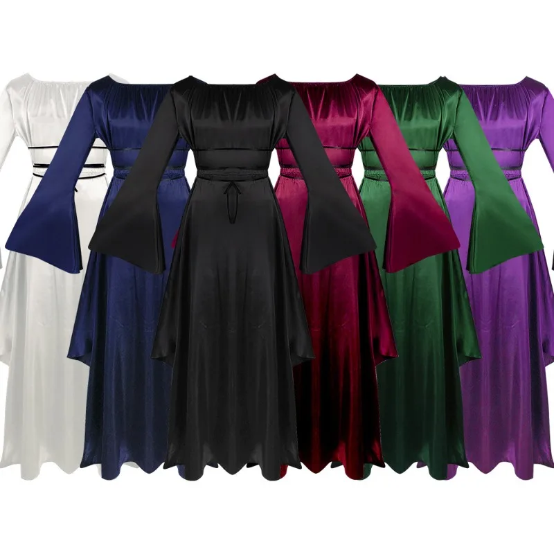 

Medieval Women's Halloween Party Dress-Long Sleeve Round Neck Belted Asymmetrical Gown-Retro Outfit for Cosplay-Themed Parties