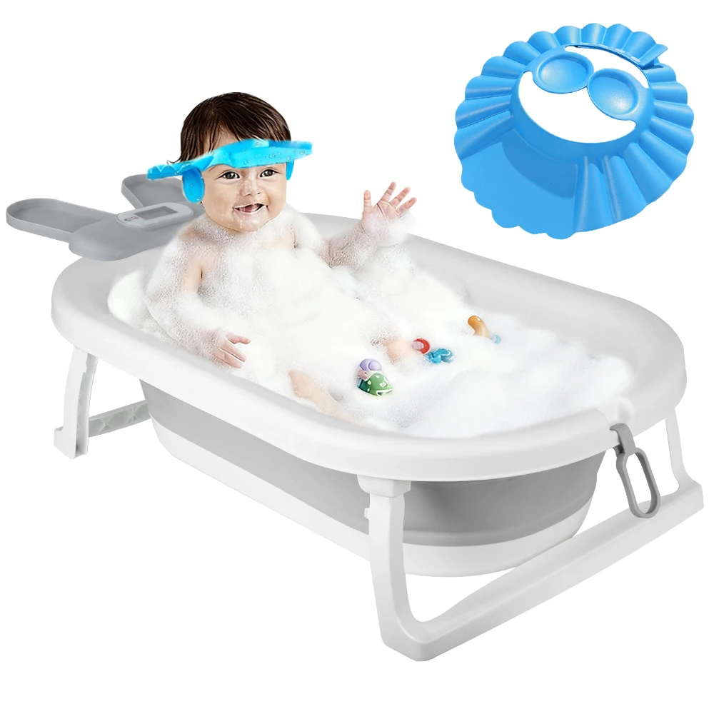 Faltbare Badewanne passend für Babys im Alter von 0 bis 36 Monaten, ergonomisch und ohne Rand, mit Wasserthermometer, Sitz, Bademütze, 82 x 43 x 20 cm, grau, Bär/Krone/Kaninchen/Blatt
