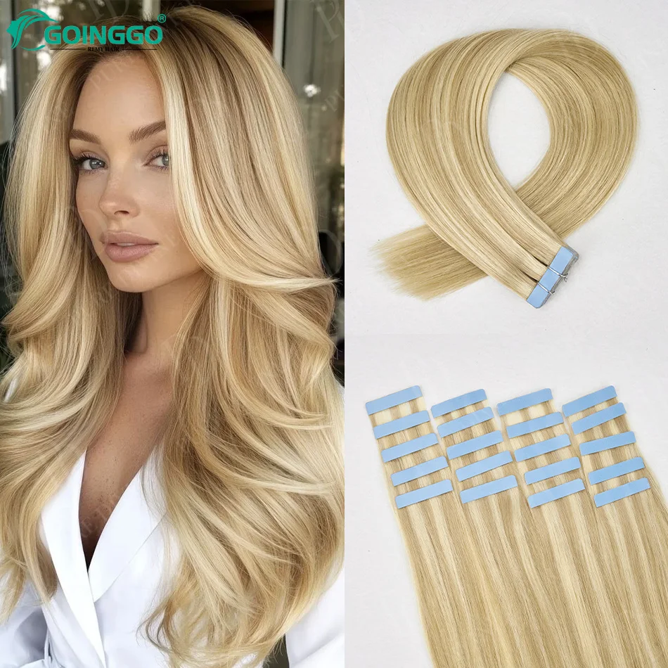 

P18/60# Ash Blonde Highlights Bleach Blonde Seamless Tape in Human Hair Extensions 20/40pcs Skin Weft Double Side Brazilian Hair