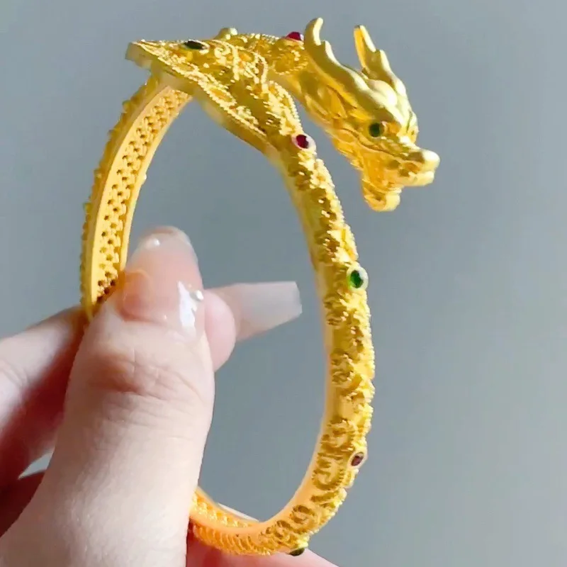 Luxury Gold Color Gems Stone Dragon Cuff Bangle Bracelet for Women New Year Animal Bangle Party Jewelry Gifts