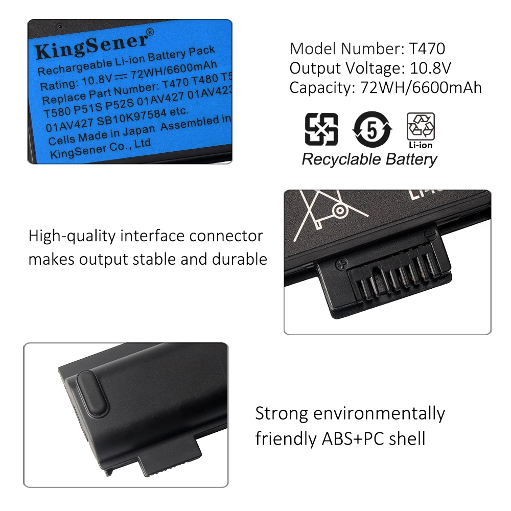 KingSener Bateria do laptopa Lenovo ThinkPad T470 T480 T570 T580 P51S P52S A475 A485 TP25 01AV427 01AV423 SB10K97584 48WH 72WH — zdjęcie produktu 5