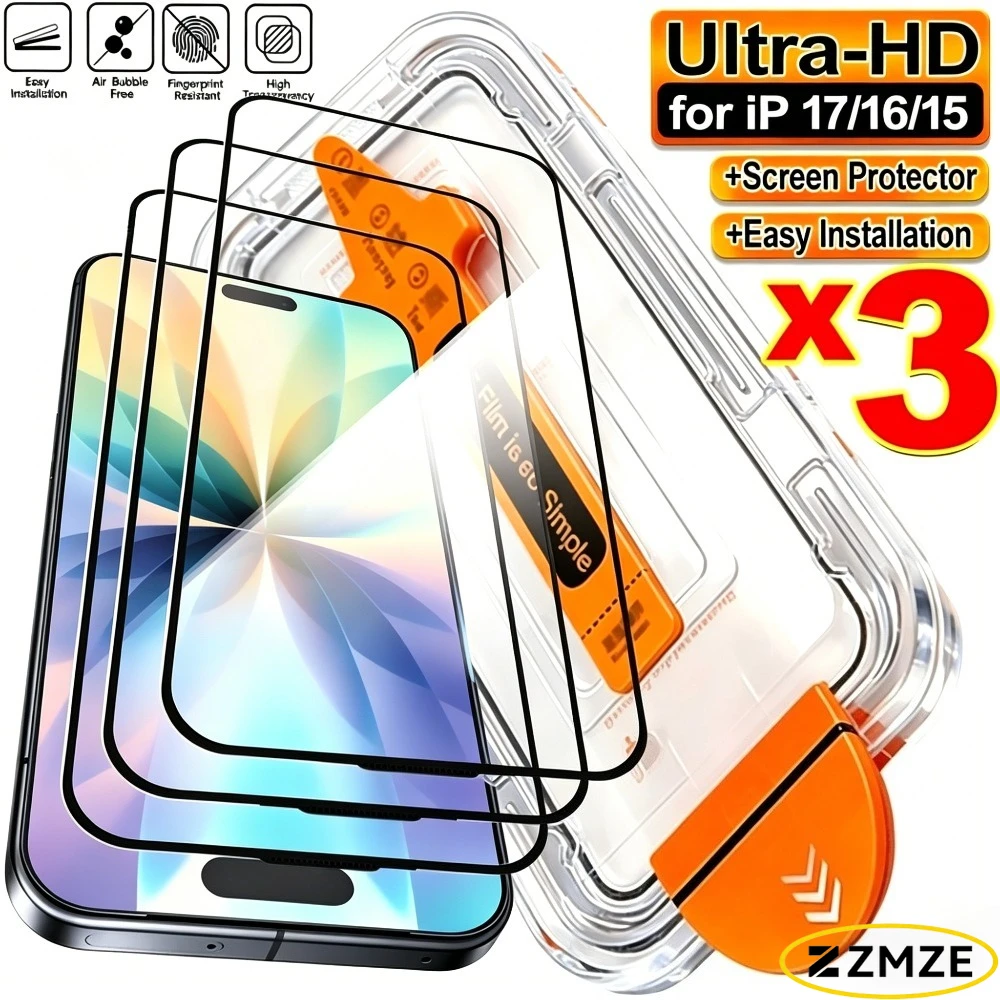 

Комплект из 3 ультрапрозрачных защитных стекол для iPhone 17, 16, 15 Pro Max, Air 17e, 16, 15, 14 Plus, 14, 13, 12, 11 Pro с установкой без пыли