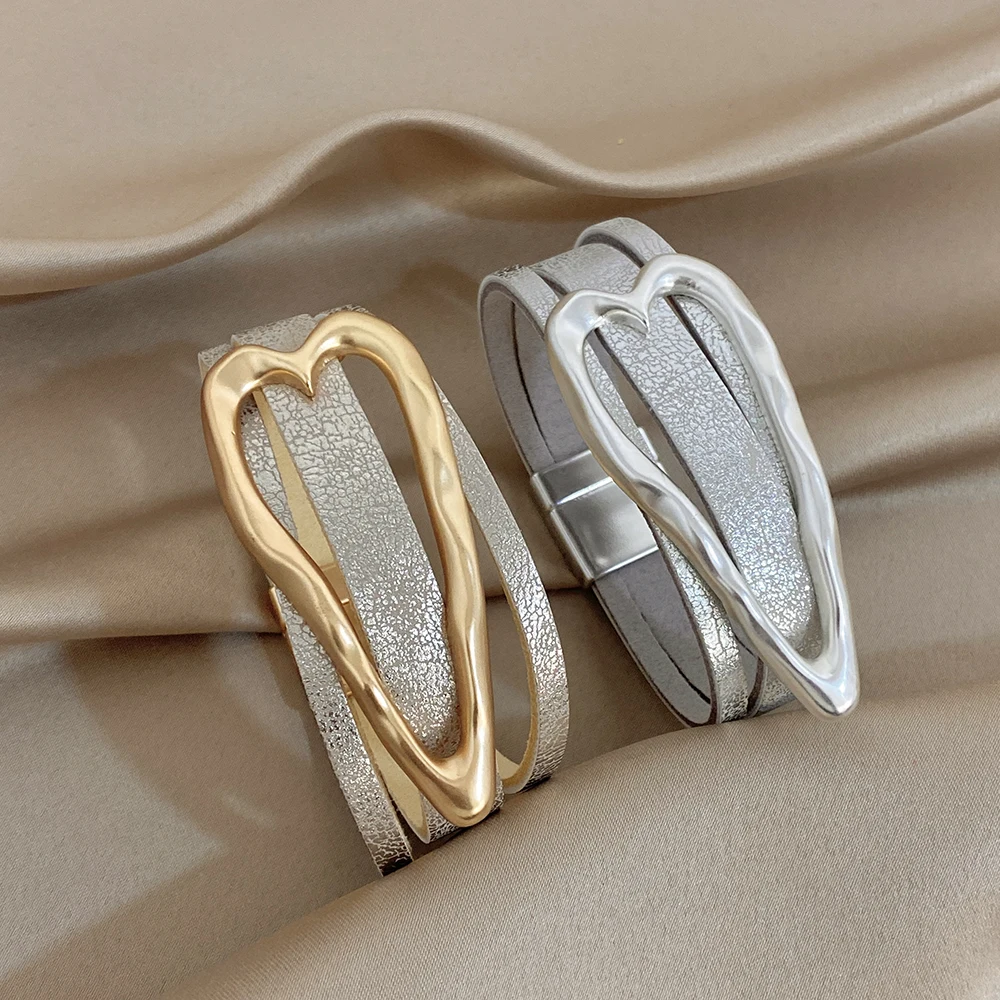ALLYES Irregular Hollow Heart Leather Bracelet for Women Vintage Multilayer Wrap Wide Bangle Bracelets Party Jewelry Gifts