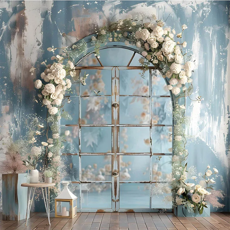 Mehofond 사진 배경 꽃 창 소녀 생일 파티, 출산 초상화, 웨딩 꽃 블루 벽 배경 포토콜