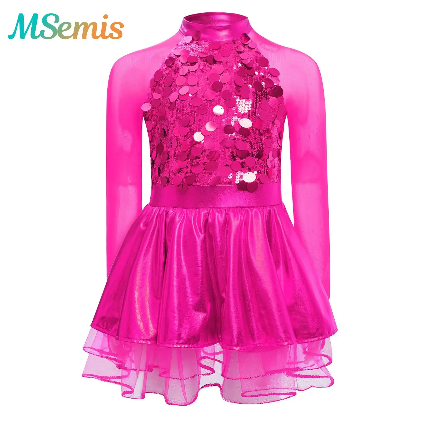 Kids Girls Gymnastics Skating Ballet Jazz Dance Performance Costume Leotards Dress Sequins Metallic Sheer Mesh Tutu Dresses