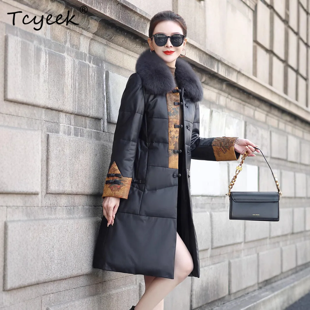 Tcyeek Real Sheepskin White Goose Down Autumn Winter High End Square Collar Black Women's Genuine Leather Jacket Jaqueta Couro