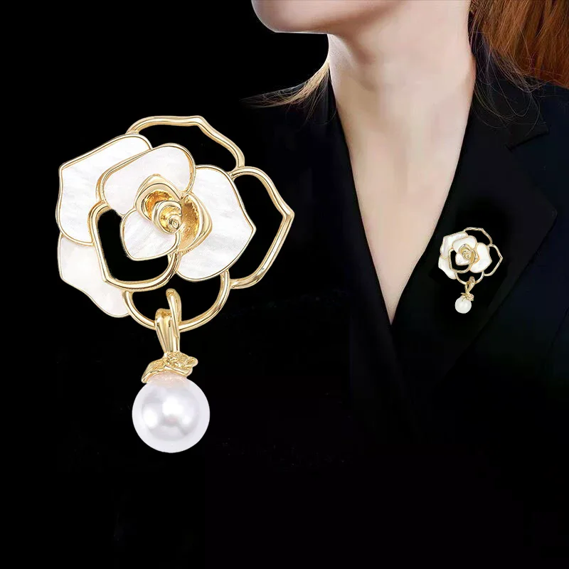 Elegant White Black Camellia Flower Brooches Pins For Women Beautiful Flower Plant Dressing Clothes Corsage Jewelry Accessories
