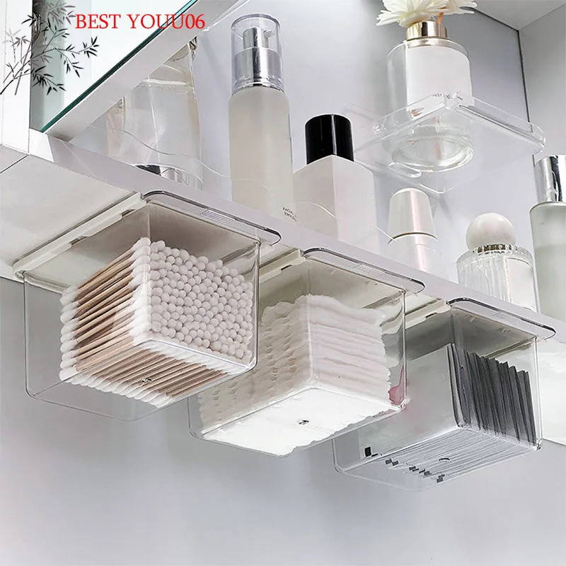 Hot Drawer Style Storage Box Under The Mirror Cabinet Transparent Bathroom Cotton Stick Makeup Cotton Bathroom Pull-Out Storage