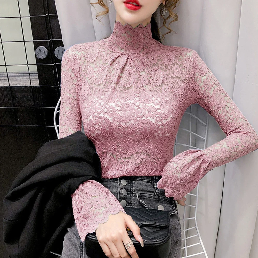 

Blouse Women Lace Shirt Black Coffee Stretch Turtleneck Bell Sleeve T Shirt Girl Slim Sexy Sweet All-Match Elegant Trend Top