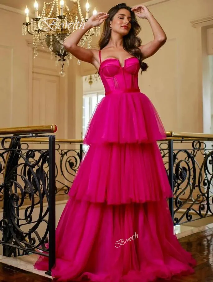 Bowith Fuchsia Spaghetti Strap Evening Party Dress Corset A Line Tiered Prom Gown Cocktail Dress vestidos de noche