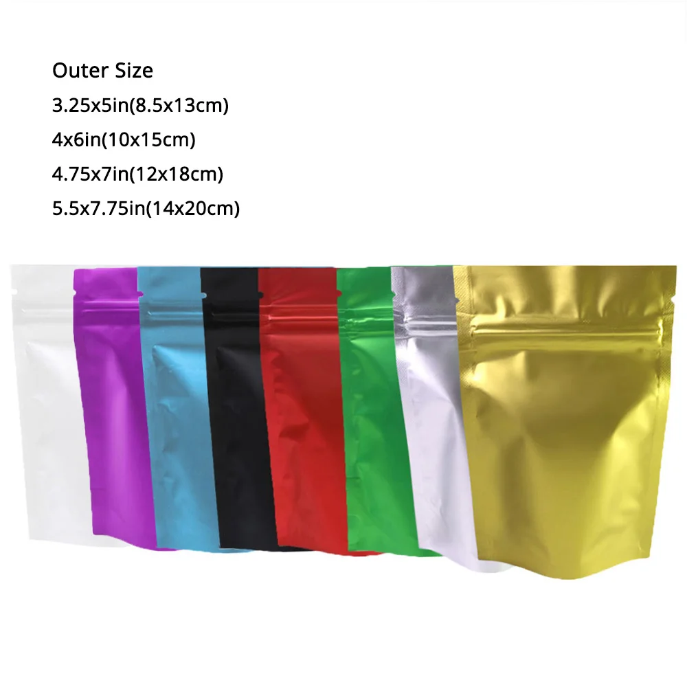 100pcs Metallic Stand Up Doypack,  Clear Window Reusable Smell Proof  Bag Food Storage  Package Aluminum Foil Mylar Pouch