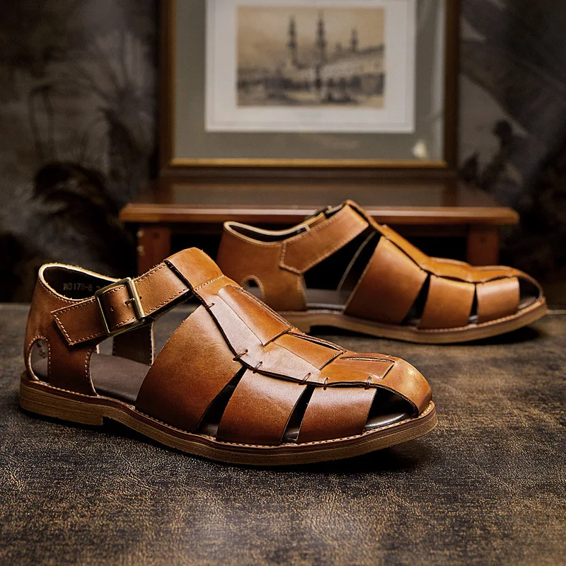 Vintage Hollow Genuine Leather Man Sandals Luxury Handmade Quality 2024 Designer Buckle Fashion Summer Business Social Shoes Men