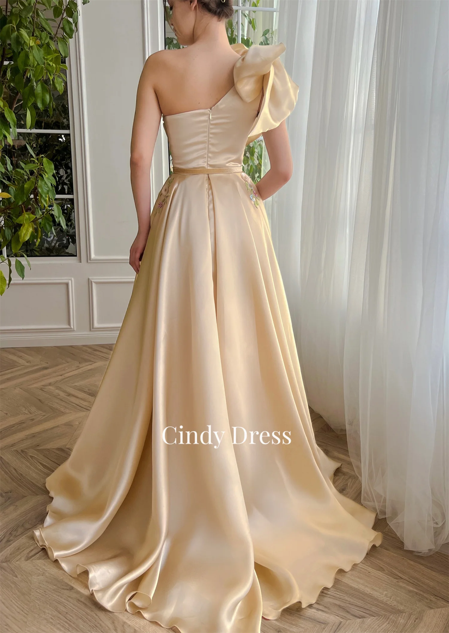 Cindy 3D Sequin Flowers Champagne Big Bow One Shoulder A-line Elegant Evening Dress Woman Customized Luxury Dresses Women 2024