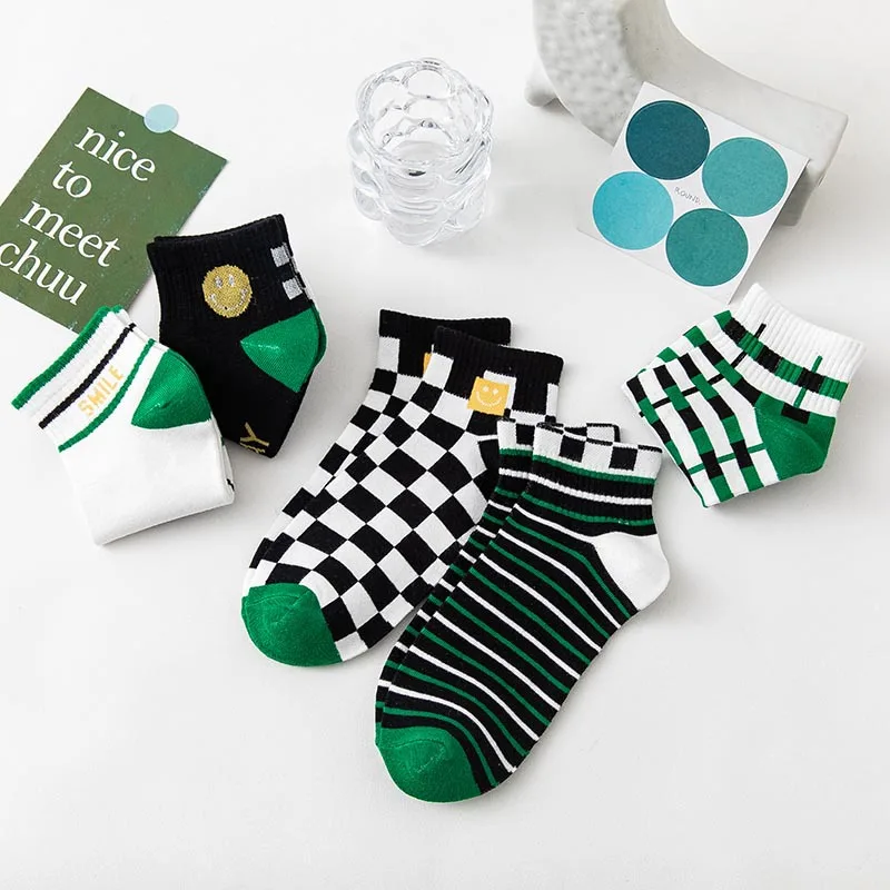 5 Pairs Sports Boat Socks Spring Summer Striped checkerboard Cotton Sweat-absorbent Breathable Women's Socks Ankle Socks