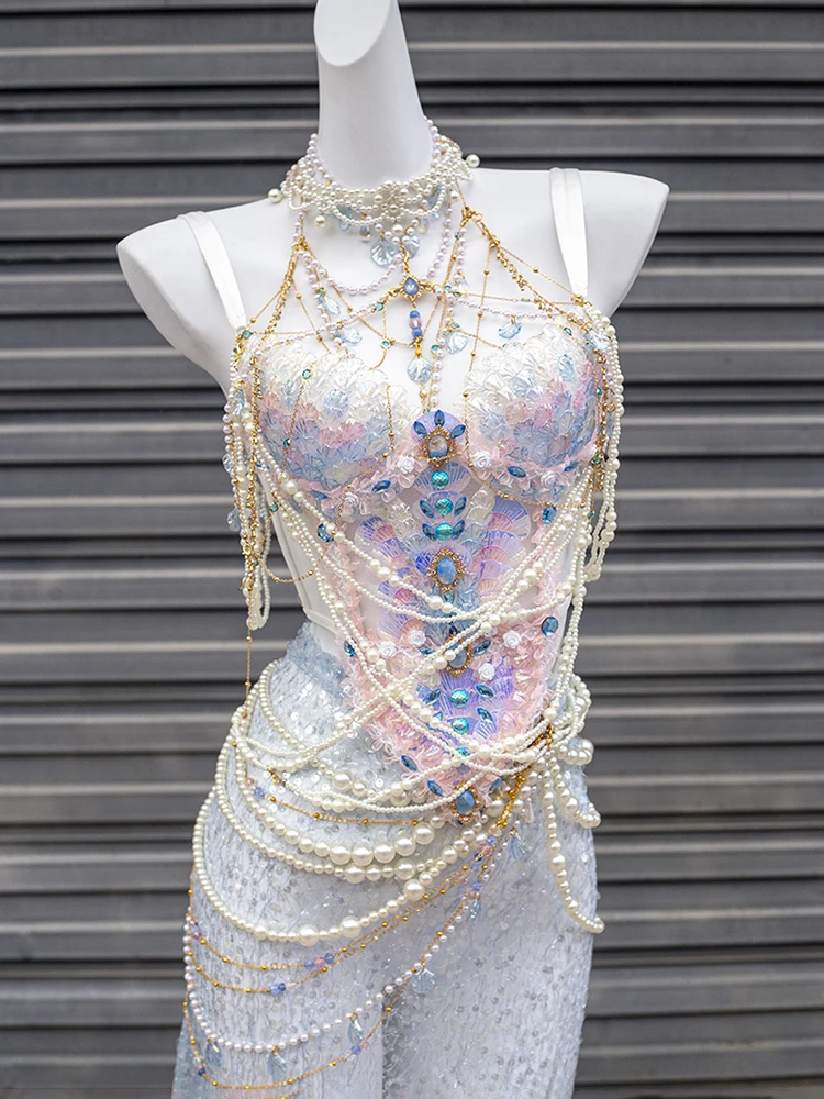 Blue Powder Heavy Industry Princess Scale Corset Women Mermaid Swimsuit Bra Underwater Dress Girl Night Club Bar Performance Set