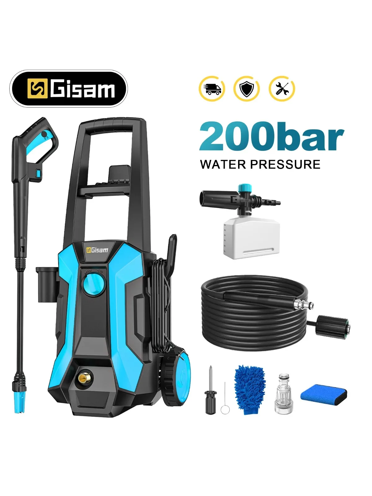 Gisam 200 Bar Elektrischer Hochdruckreiniger 2900 PSI 2200W Autowaschpistole Gartenreiniger Wassersprühpistole mit 8m Schlauch, Seifenflasche, 180 °   Verstellbare Düse für die Autoreinigung im Garten
