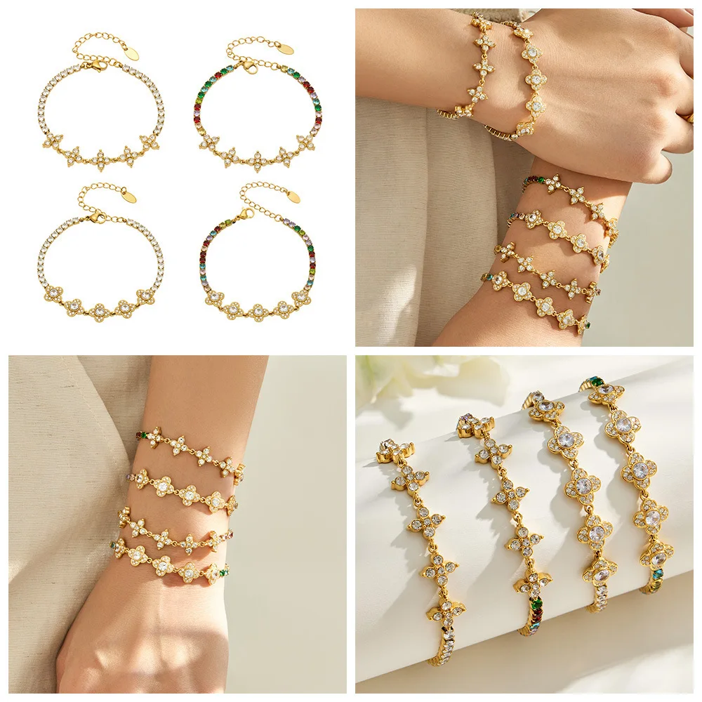 Farbiges Zirkon-Armband Tennis-Armband Edelstahl-Kettenarmbänder 18k Vergoldet Mit CZ-Blumen-Charm-Armbändern für Damen – Detail 1