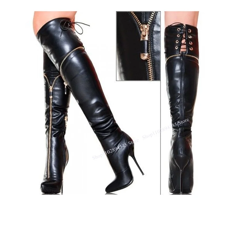 

Black Zipper Knee High Boots Thin High Heel Lace Up Fashionable Sexy Novel Style Summer 2023 Woman Shoes Zapatillas Mujer