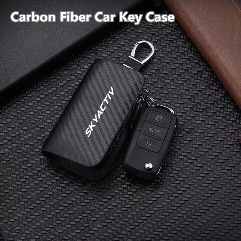 Leather Car Key Protection Shell Bag Carbon Filber Car Key Case Car Keychain For Mazda Skyactiv Technology Logo 3 6 CX 5 CX3