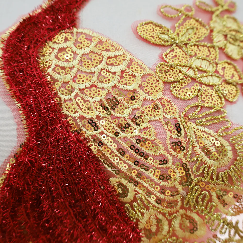 Gold Red Sequin Embroidered Peacock Birds Applique Lace Fabric Trimming Sew Patch Collar Wedding Gown Dress Clothes DIY Crafts