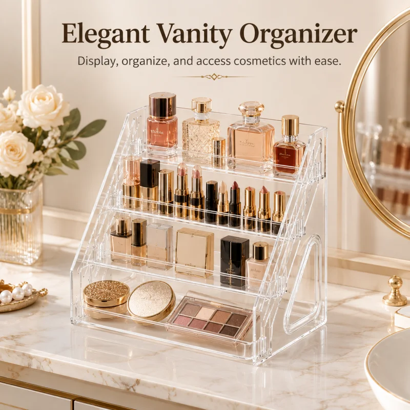 4‑tier L‑shaped clear acrylic desktop organizer for cosmetics, luxury aesthetic, easy snap‑on assembly for countertop use