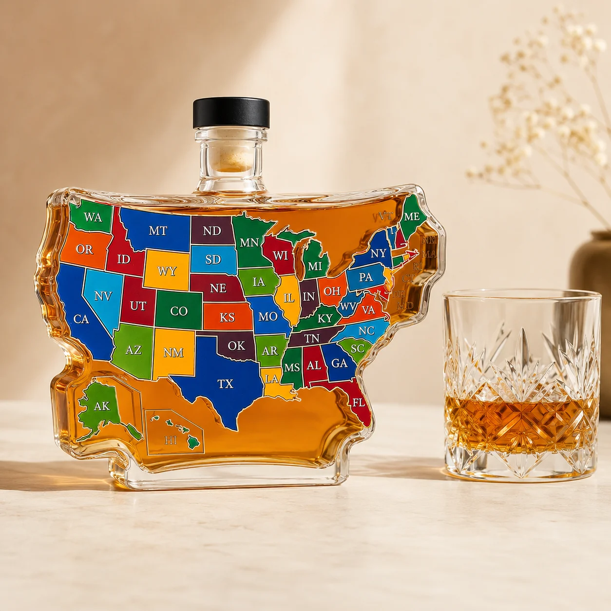 USA Contour Map Glass Whiskey Decanter Color Coded US State Abbreviation Print Lead Free Liquor Storage Bottle American
