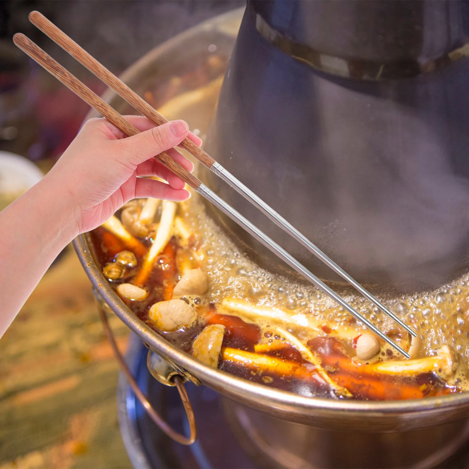 

1 Pair Extra Wing Wood Frying Chopsticks Stainless Steel Wooden Handle Heat Resistant Non Slip For Hot Pot Noodles