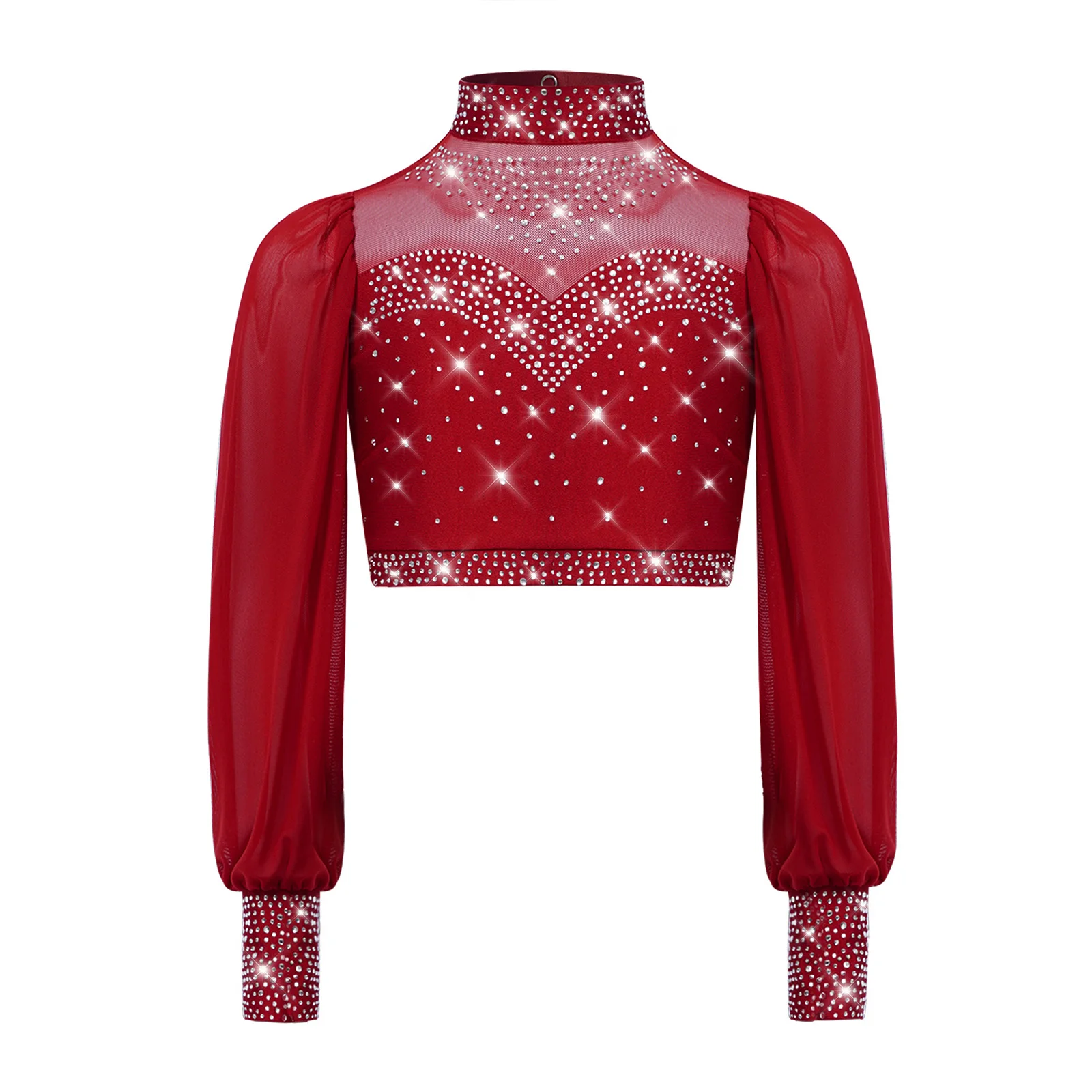 

Kids Girls Lyrical Dance Tops Sheer Mesh Long Sleeves Mock Neck Cutout Back Rhinestones Pullover Crop Top Ballet Figure Skating