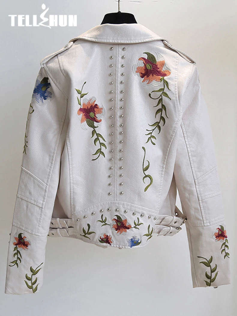 Neue Frauen Retro Blumen druck Stickerei Kunst weiches Leder Jacke Mantel Turndown Kragen Pu Moto Biker schwarz Punk Oberbekleidung