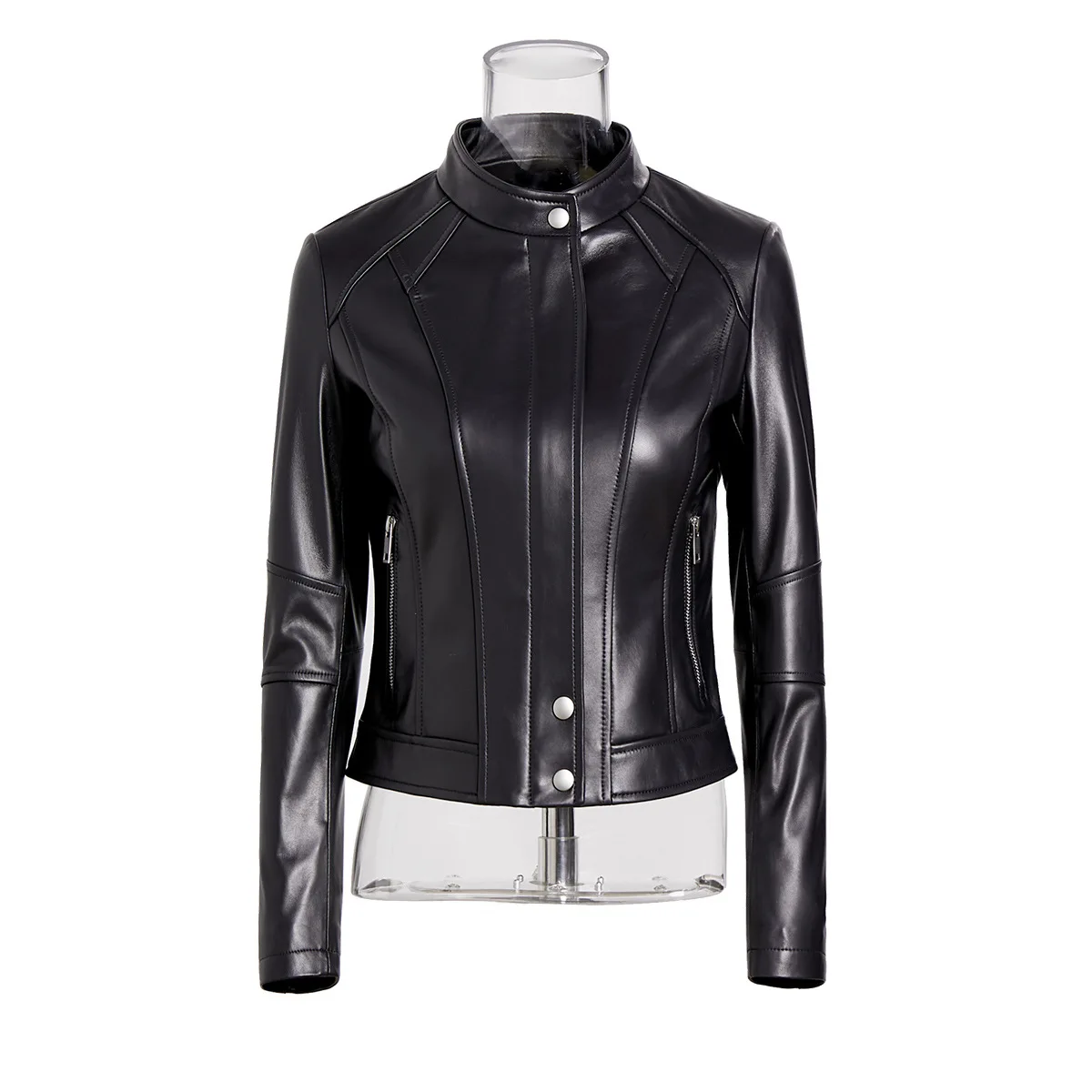 Frühling neue Schaffell Kleidung Damen kurzen schlanken Stehkragen Motorrad mantel schwarz Echt lederjacke Leder Frauen