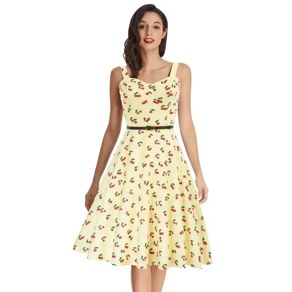 BP 1950s Sleeveless Vintage Swing Dresses With Belt Floral Sweetheart Neck Flared A-Line Dress High Waist 50s Rockabilly Dresses