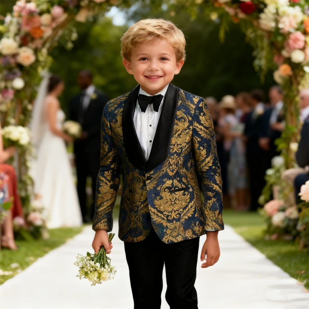 

Комплект костюма для малышей с золотой вышивкой, куртка, брюки с галстуком-бабочкой, детский формальный смокинг с кольцом, регулируемая талия, костюмы для детей от 3 до 14 лет